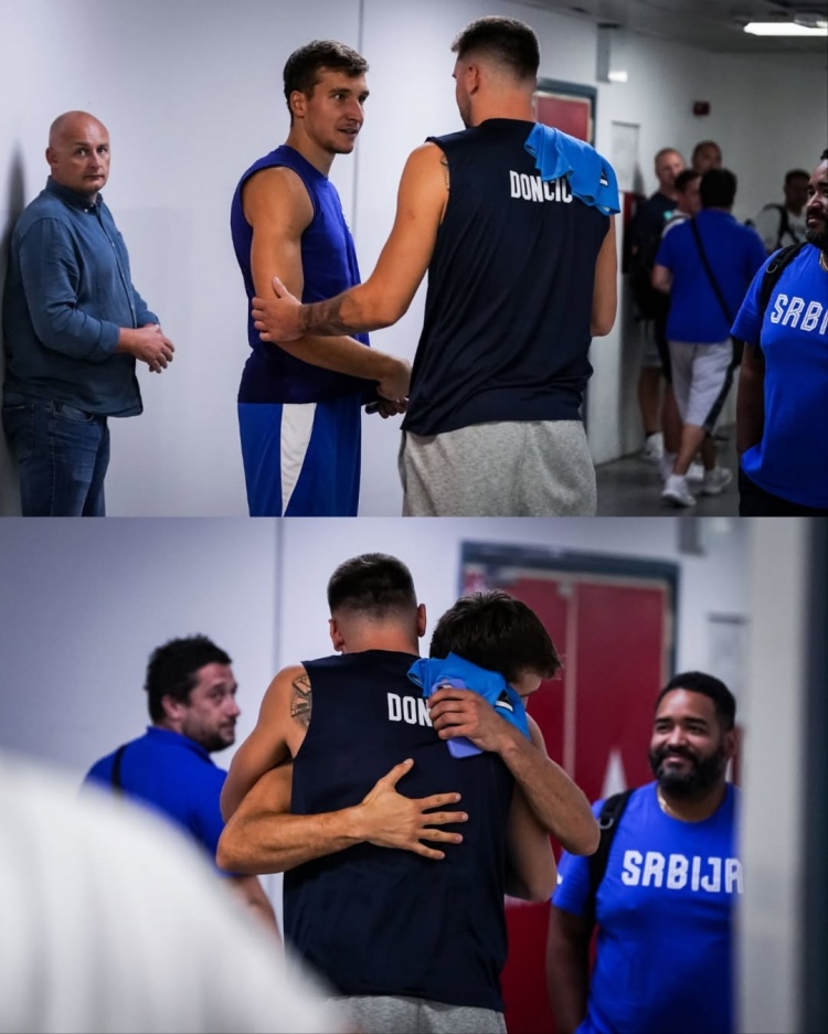 焦點(diǎn)大戰(zhàn)！東契奇與博格丹熱身賽前擁抱致意互相交流