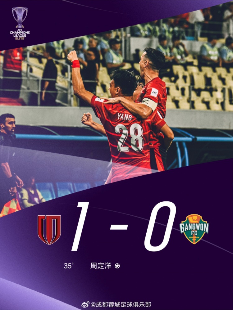 取得亞冠正賽首勝！成都蓉城1-0戰(zhàn)勝江原FC，周定洋獲得本場(chǎng)最佳
